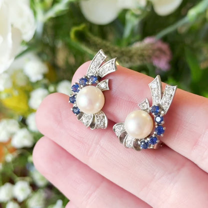 Retro Era 1940s Clip on Pearl Earrings with Sapphire & Diamond in 14K
