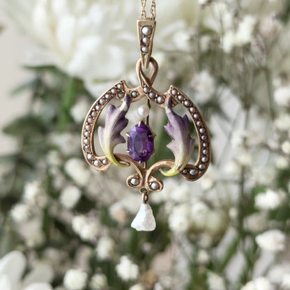 Art Nouveau Enamel Lavalier Pendant with Amethyst and Pearl in Gold