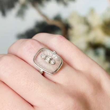Art Deco Camphor Rock Crystal & Diamond Ring in 18K White Gold