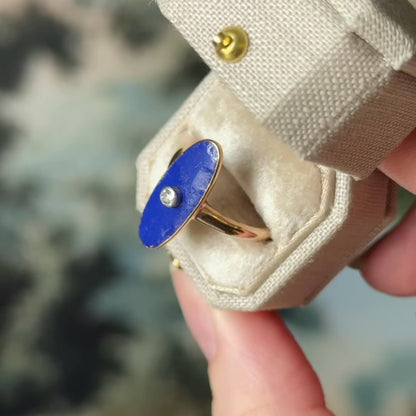 Edwardian Blue Enamel & Diamond Navette Ring in 10K Yellow Gold