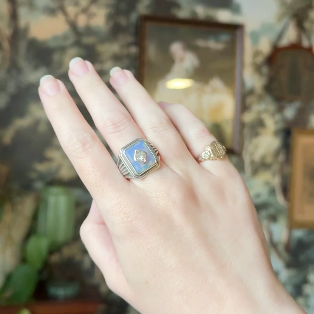 Mid-Century Opaline Glass & Paste Ring in Sterling Silver — view 11 of 11
