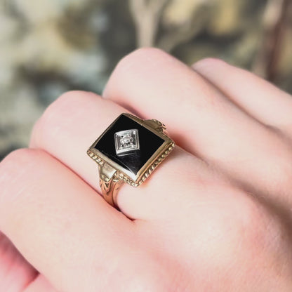 Art Deco Onyx & Old Mine Diamond Ring in 10K Gold