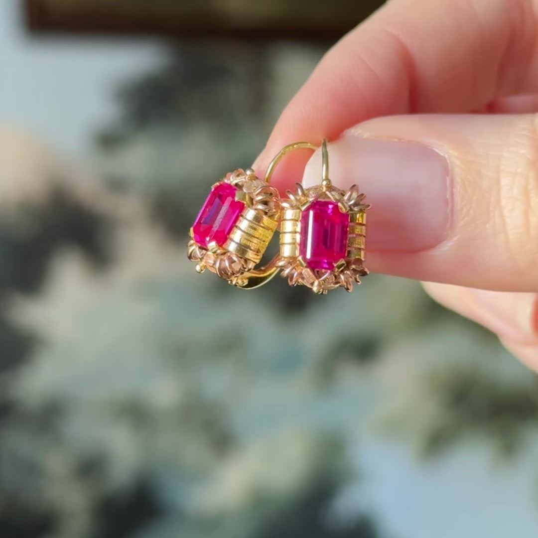 Retro Lab-Created Ruby Drop Earrings in 14K Two-Tone Gold — view 13 of 13