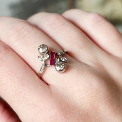 Antique Toi et Moi Floral Diamond & Ruby Ring in 14K White Gold