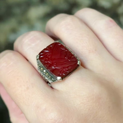 Art Deco Carnelian & Marcasite Ring in Sterling Silver