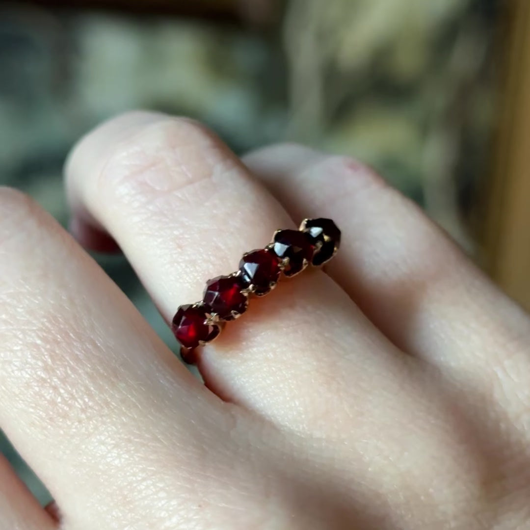 Vintage Rose Cut Garnet Five Stone Ring in 14K Yellow Gold — view 13 of 13