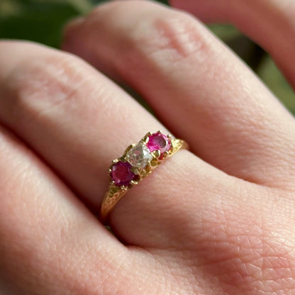 Antique Ring with Old Mine Cut Diamond & Rubies in 18K Gold