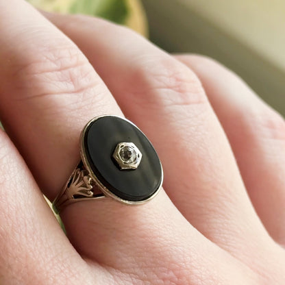 Vintage Onyx & Diamond Ring in White Gold