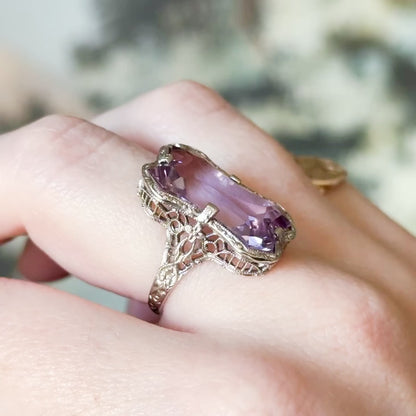 Art Deco Amethyst Filigree Ring in 14K White Gold