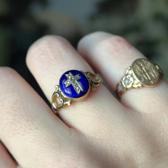 Victorian Rose Cut Diamond & Blue Enamel Locket Ring in 15K Gold — view 17 of 17