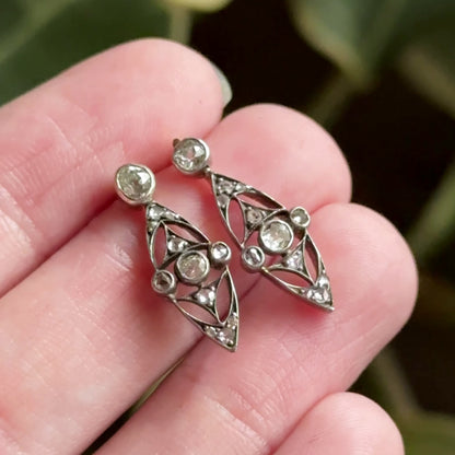 Petite Edwardian Rose Cut & Old European Cut Diamond Stud Earrings Silver topped 14K Gold