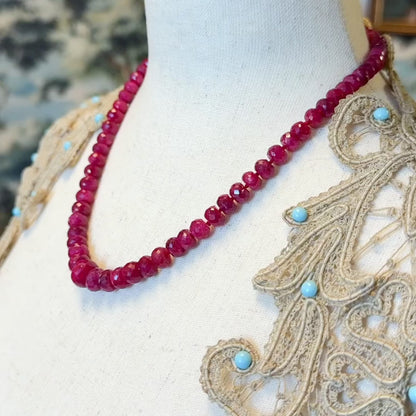 Vintage Ruby Rondelle Bead Necklace in 14K Yellow Gold