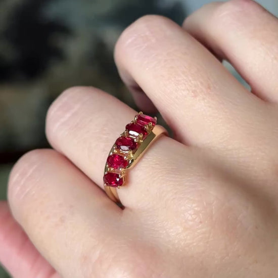 Late 20th Century Red Spinel Five-Stone Ring in 14K Yellow Gold — view 12 of 12