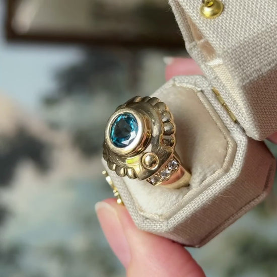 Late 20th Century London Blue Topaz & White Sapphire Ring in 10K Yellow Gold — view 11 of 11