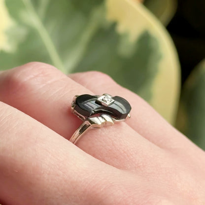 Vintage Onyx & Diamond Bowtie Ring in 10K White Gold