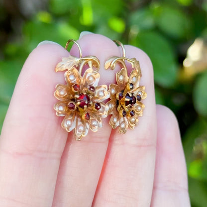 Antique Rose Cut Garnet & Seed pearl Flower Earrings in 14K Gold