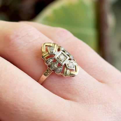 Late Art Deco Diamond Shield Ring in 14K Gold