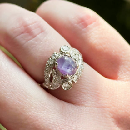 Mid-Century natural Purple Sapphire & Diamond Ring in White Gold