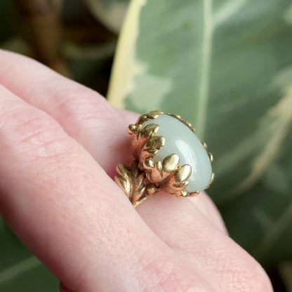 Vintage Jade Cabochon Cocktail Ring with Leaf Details in 14K Gold