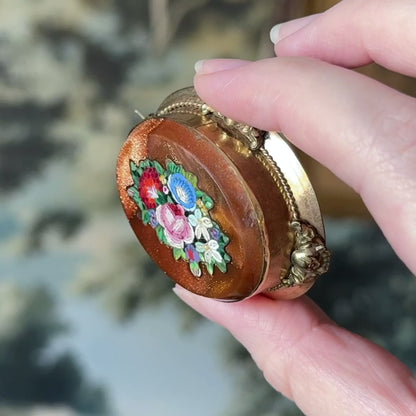 Victorian Goldstone Micromosaic Floral Brooch in Gold Tone Metal