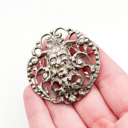 Antique Green Man Brooch with Foliate details in Sterling Silver
