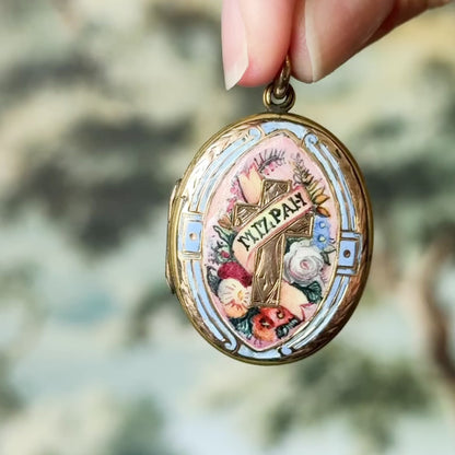 Victorian Mizpah Enamel Locket Pendant in Gold Tone