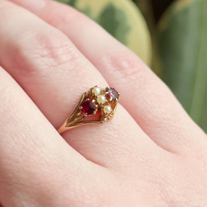 Antique Garnet & Seed Pearl Ring in Gold