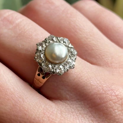 Antique Pearl & Old European Cut Diamond Halo Ring in 14K Gold