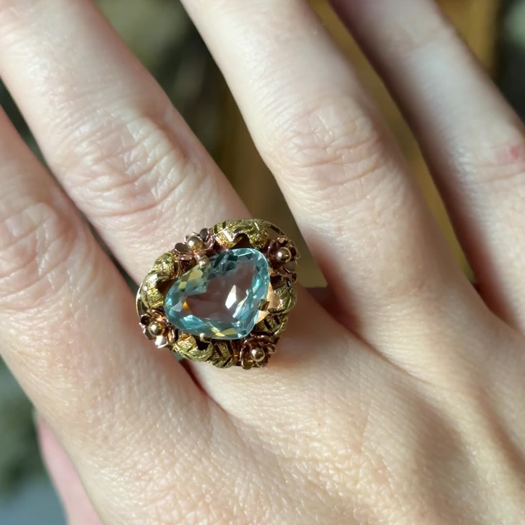 Vintage Aquamarine Floral Cocktail Ring in 18K Two-Tone Gold — view 13 of 13