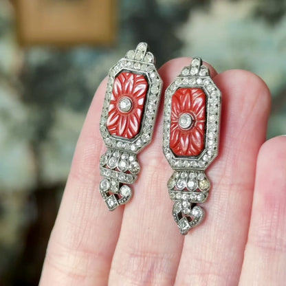 Art Deco Paste & Molded Glass Drop Earrings in Sterling Silver