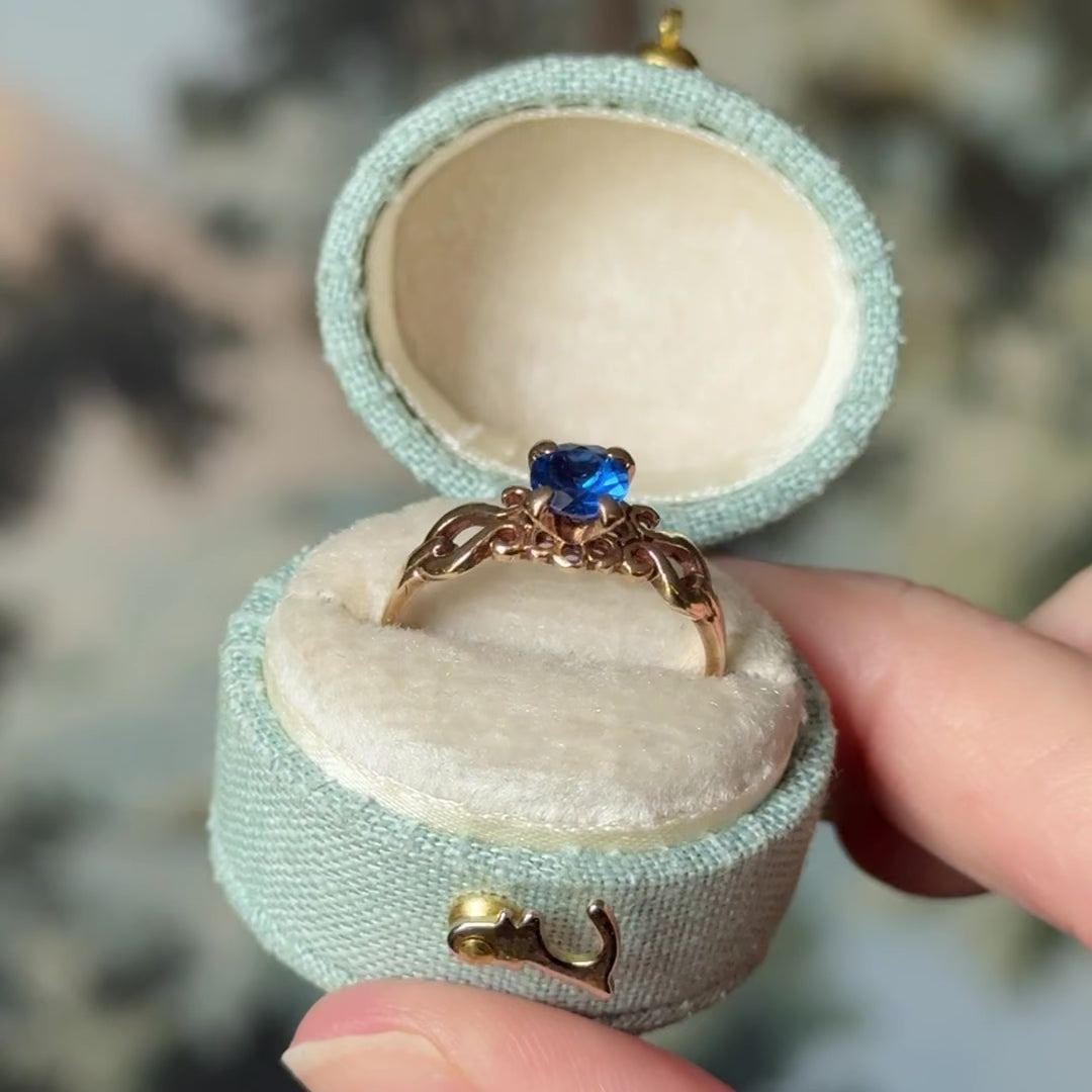 Mid-Century Lab-Created Blue Spinel Ring in 10K Yellow Gold — view 13 of 13