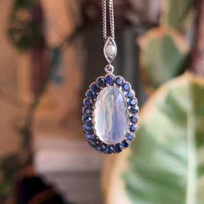 Antique Moonstone Cabochon w Sapphire Halo Pendant in Sterling Silver