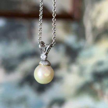 Vintage Pearl & Diamond Pendant Necklace in 14K White Gold — view 12 of 12
