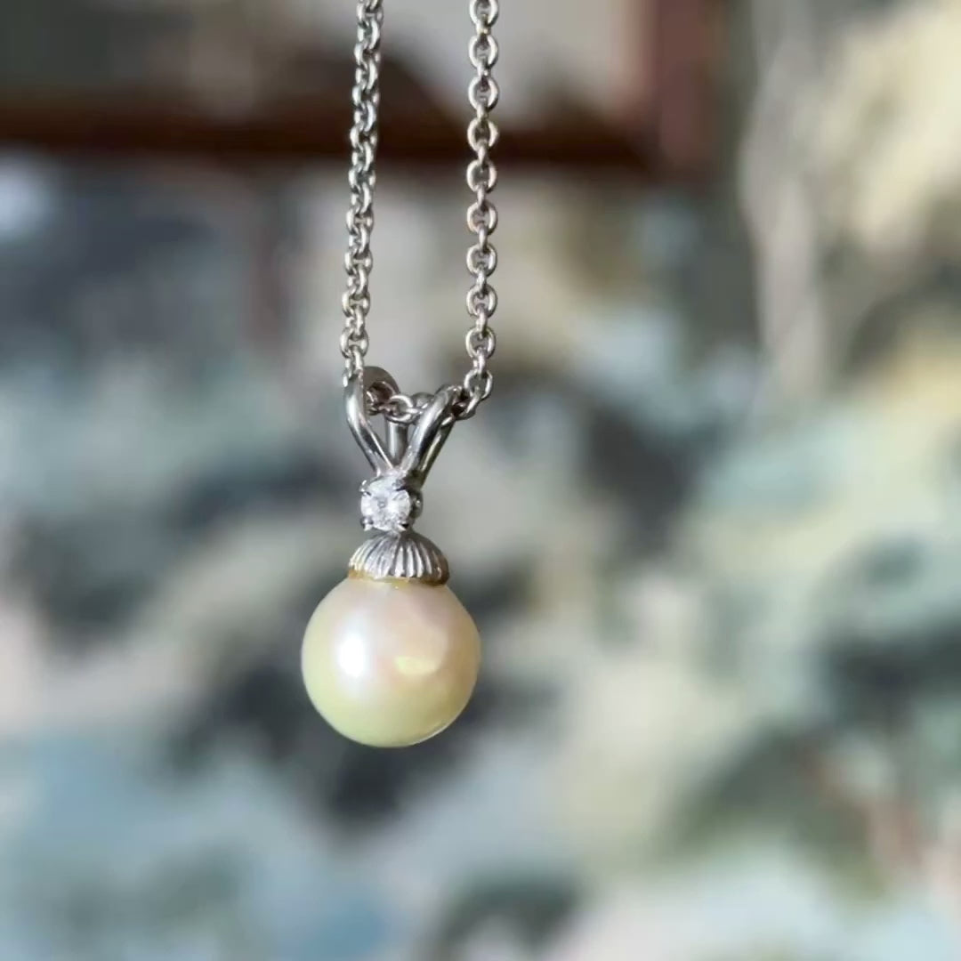 Vintage Pearl & Diamond Pendant Necklace in 14K White Gold — view 12 of 12