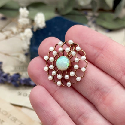 Edwardian Opal & Pearl Pendant in 14K Gold Spiderweb, Flower