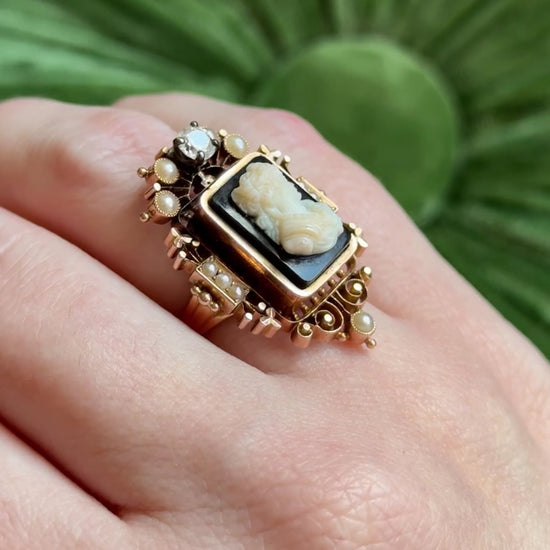 Victorian Hardstone Cameo, Seed Pearl & Diamond Ring in 9K Rose Gold — view 11 of 11
