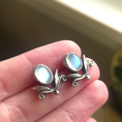 Vintage Art Nouveau Moonstone Stud Earrings: Silver Foliate Floral Design