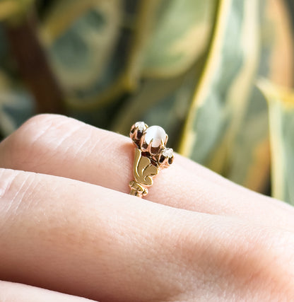 Victorian Moonstone Orb & Rose Cut Diamond Ring in 10K Yellow Gold