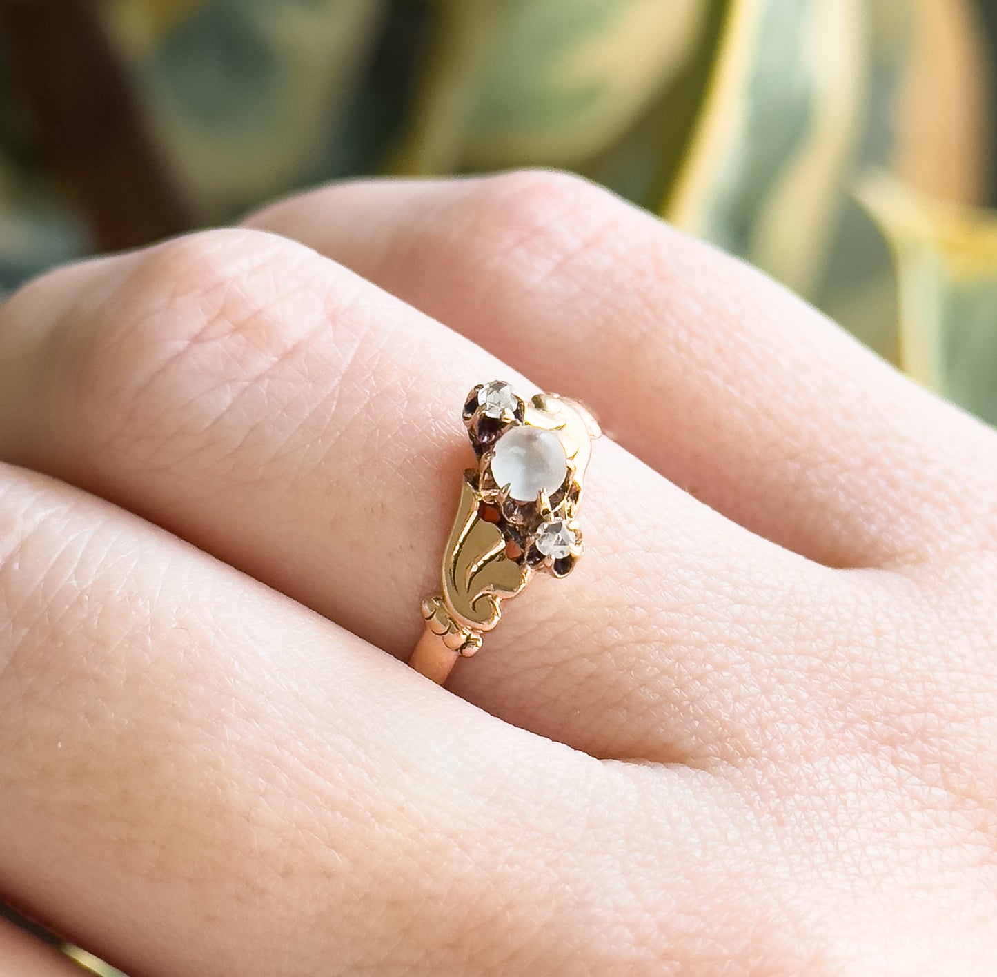 Victorian Moonstone Orb & Rose Cut Diamond Ring in 10K Yellow Gold