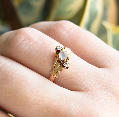 Victorian Moonstone Orb & Rose Cut Diamond Ring in 10K Yellow Gold