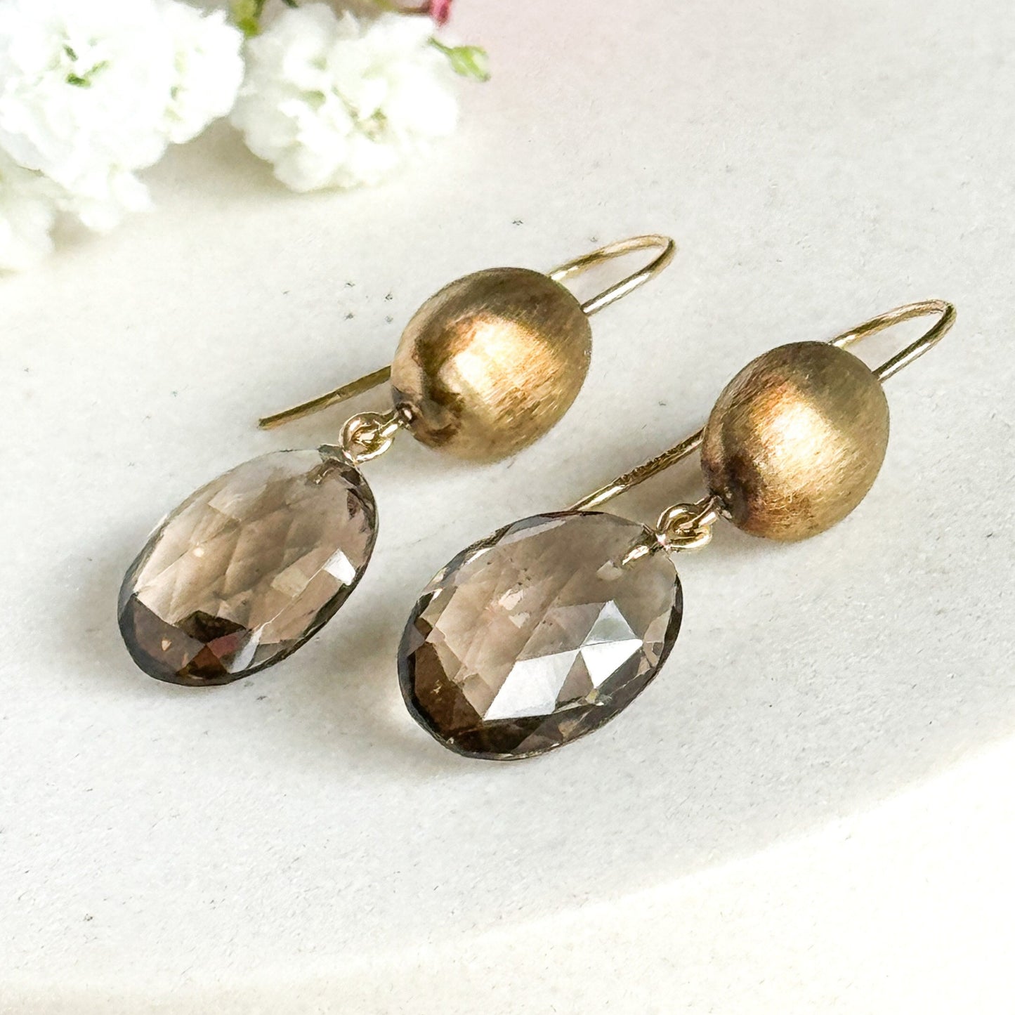 Beautiful vintage smoky quartz earrings with checkerboard cut gemstones and florentine texture gold