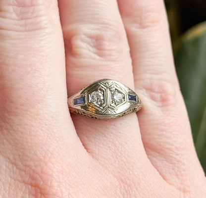 Art Deco Toi et Moi  Diamond and Sapphire Ring in White Gold