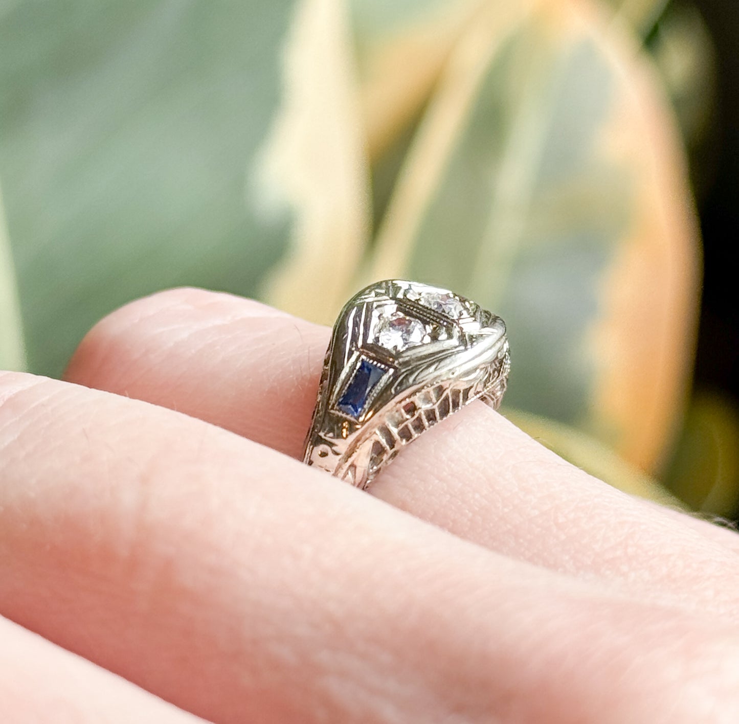 Art Deco Toi et Moi  Diamond and Sapphire Ring in White Gold