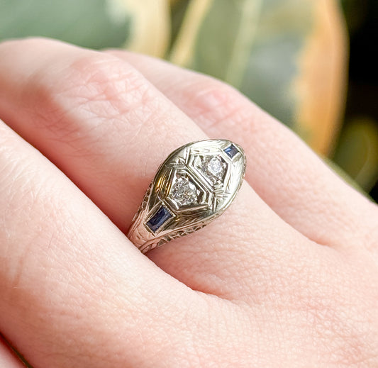 Art Deco Toi et Moi  Diamond and Sapphire Ring in White Gold