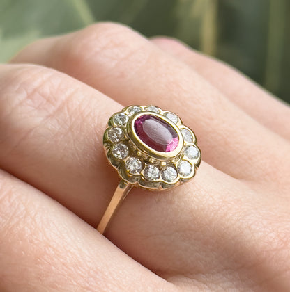 Vintage Pink Tourmaline & Diamond Halo Ring in 14K Yellow Gold