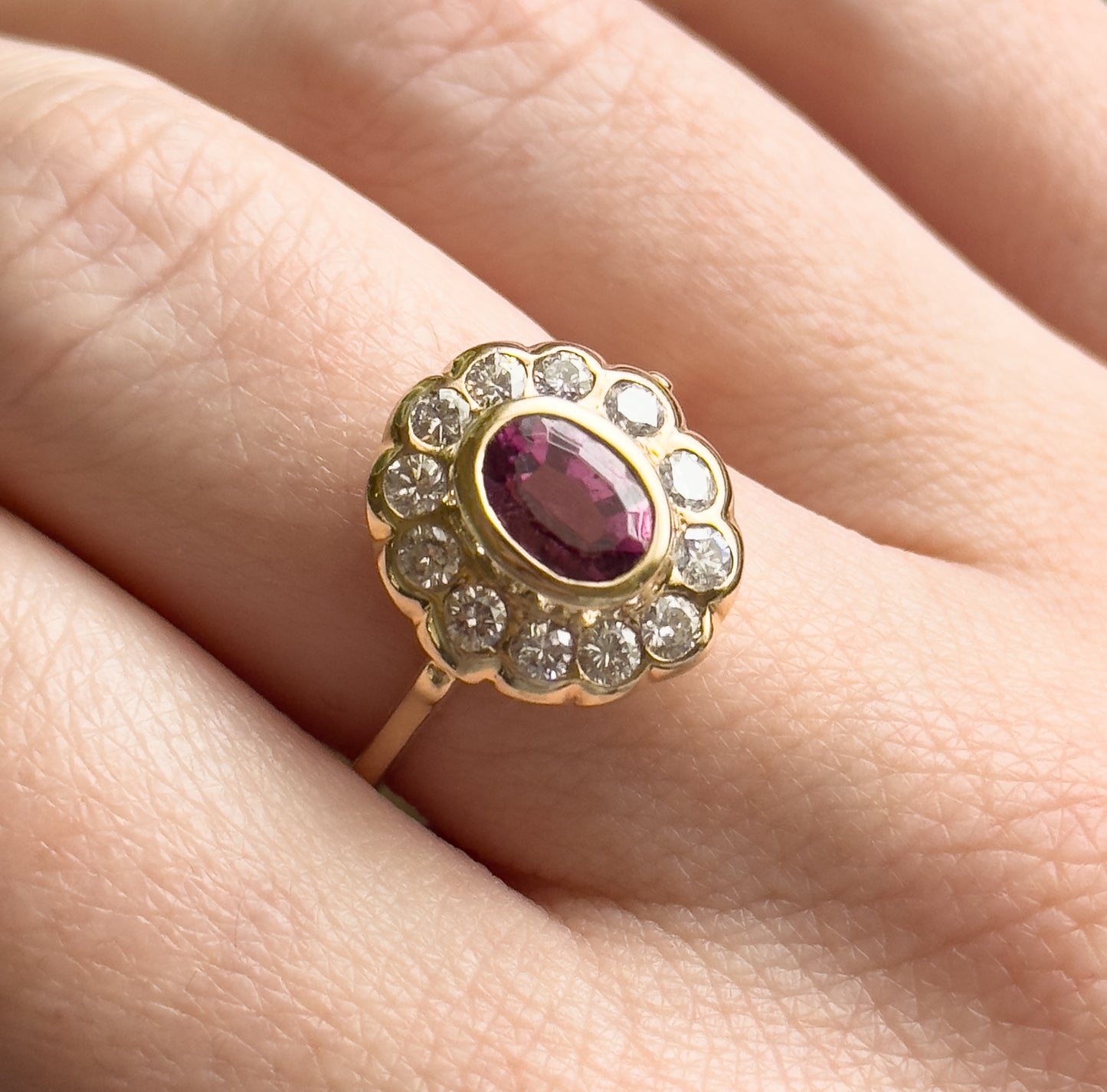 Vintage Pink Tourmaline & Diamond Halo Ring in 14K Yellow Gold
