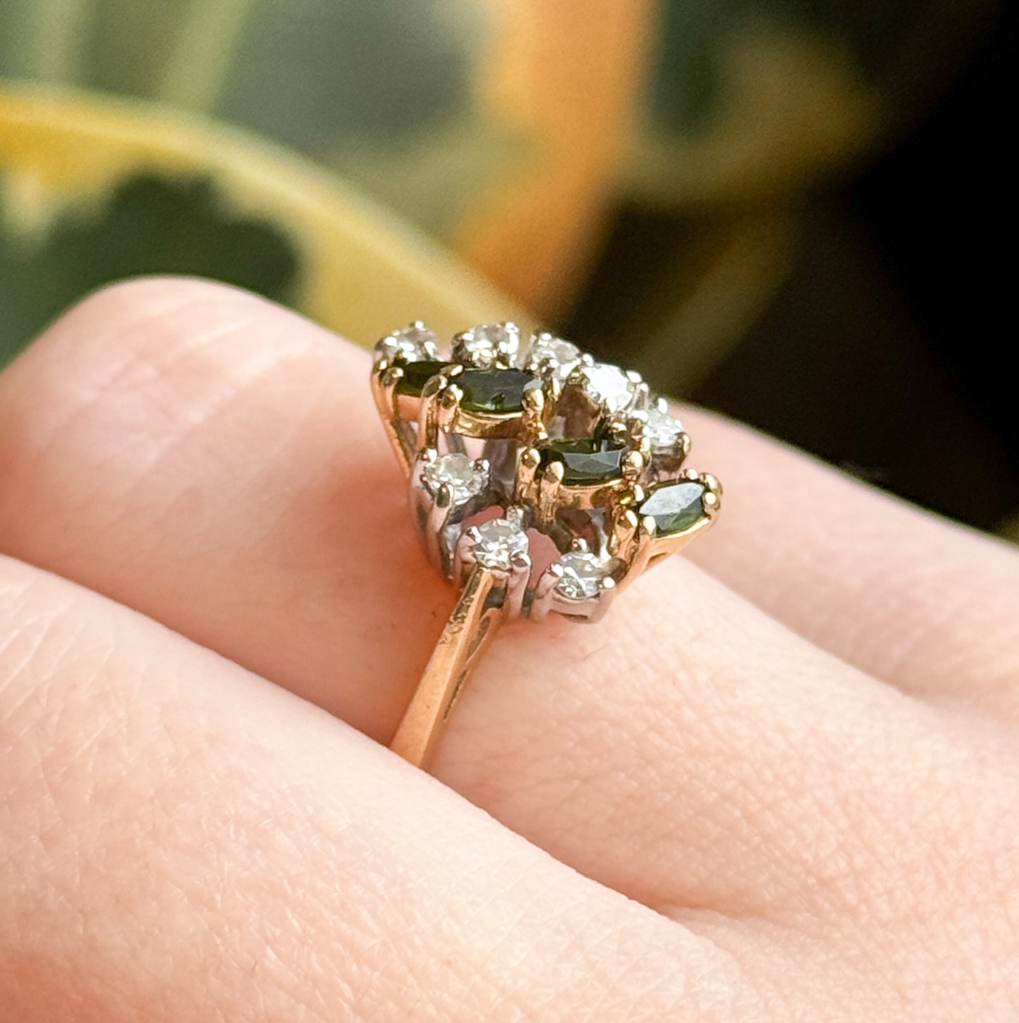 Vintage Green Tourmaline Marquise & Diamond Cluster Ring in 14K