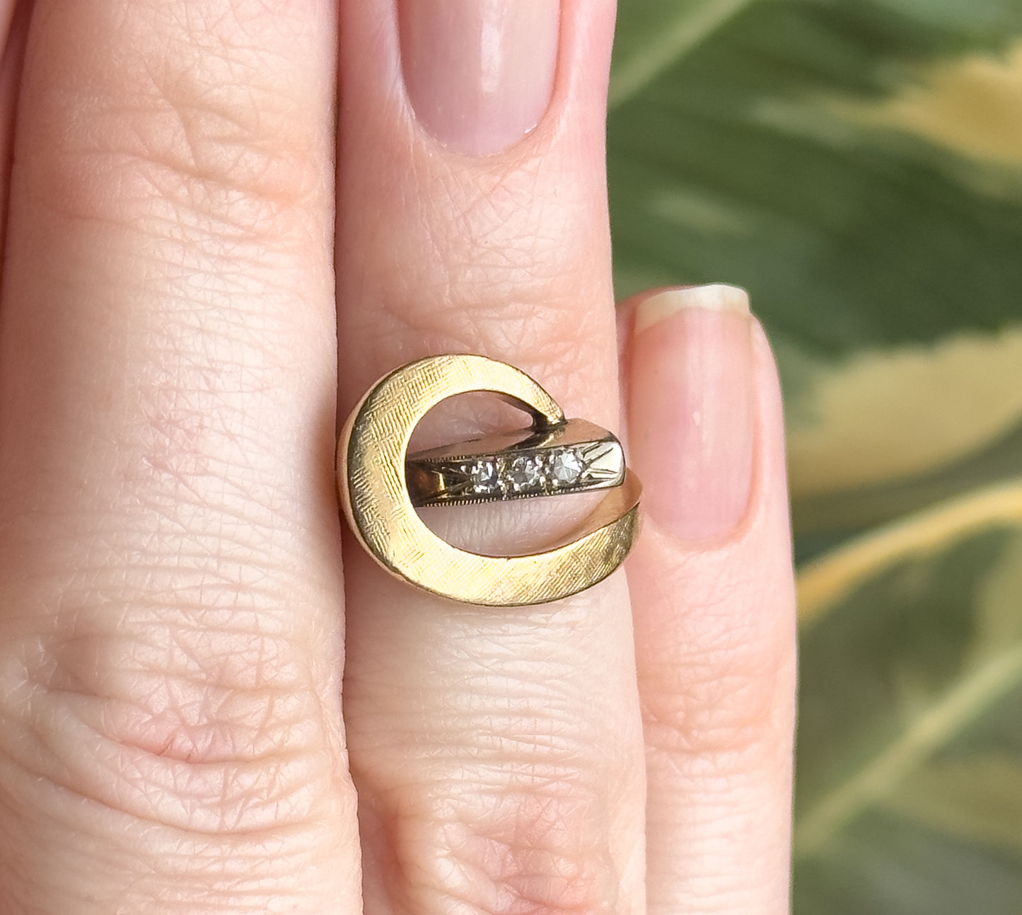 Mid-Century Two Tone Swirl Ring with Diamonds in Gold
