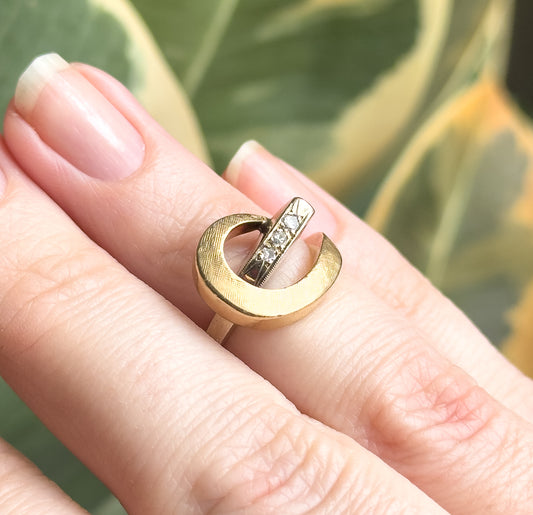 Mid-Century Two Tone Swirl Ring with Diamonds in Gold