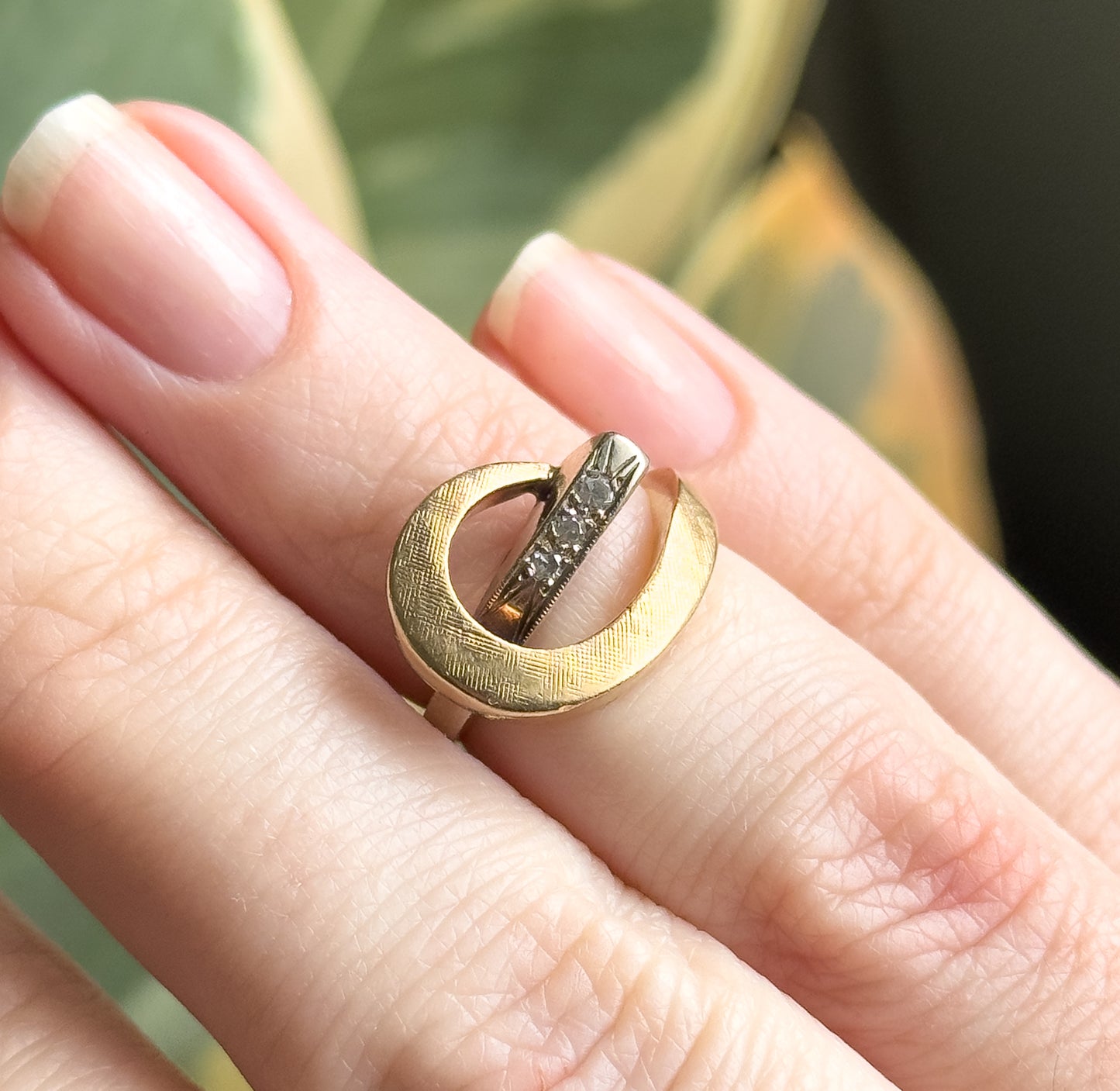 Mid-Century Two Tone Swirl Ring with Diamonds in Gold